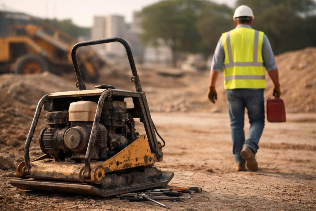 a rental company worker walk away from their broken plate compactor fleet