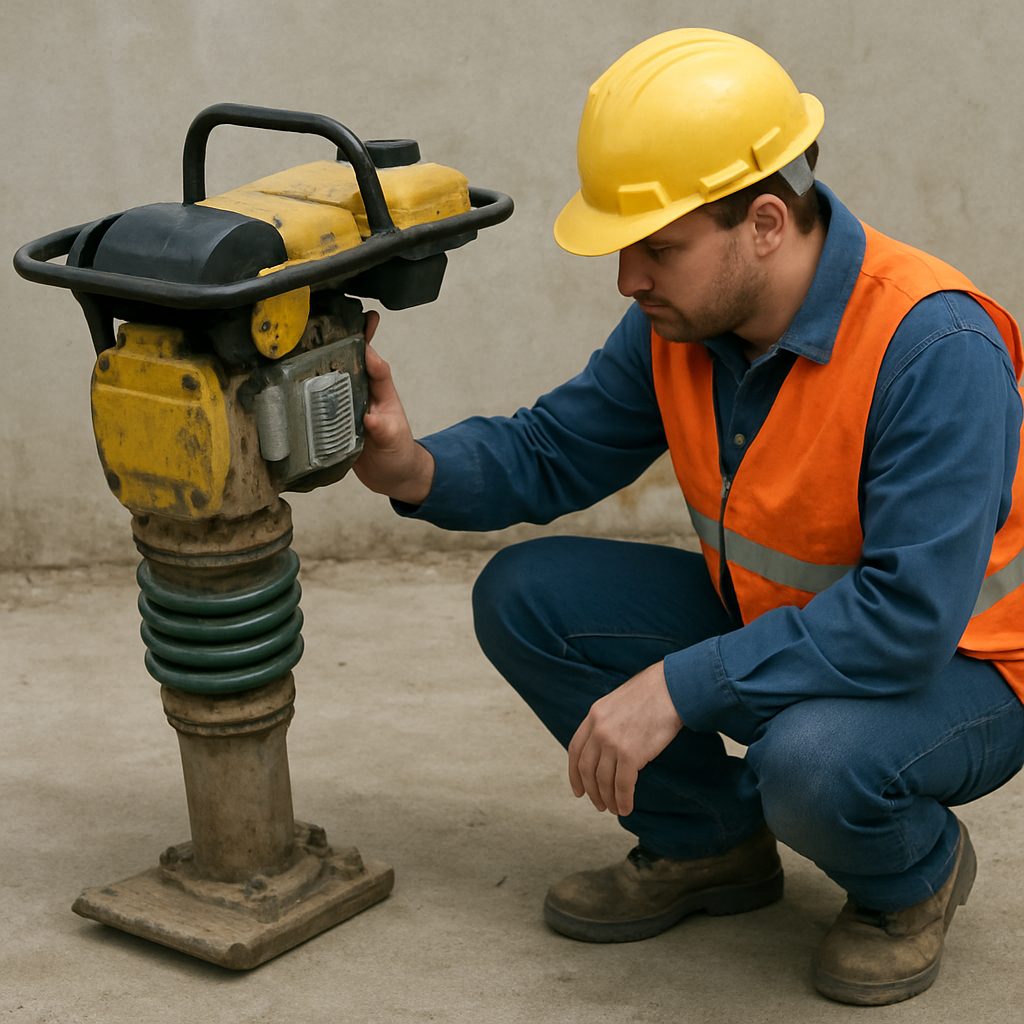 technician inspecting tamping rammer in jobsite