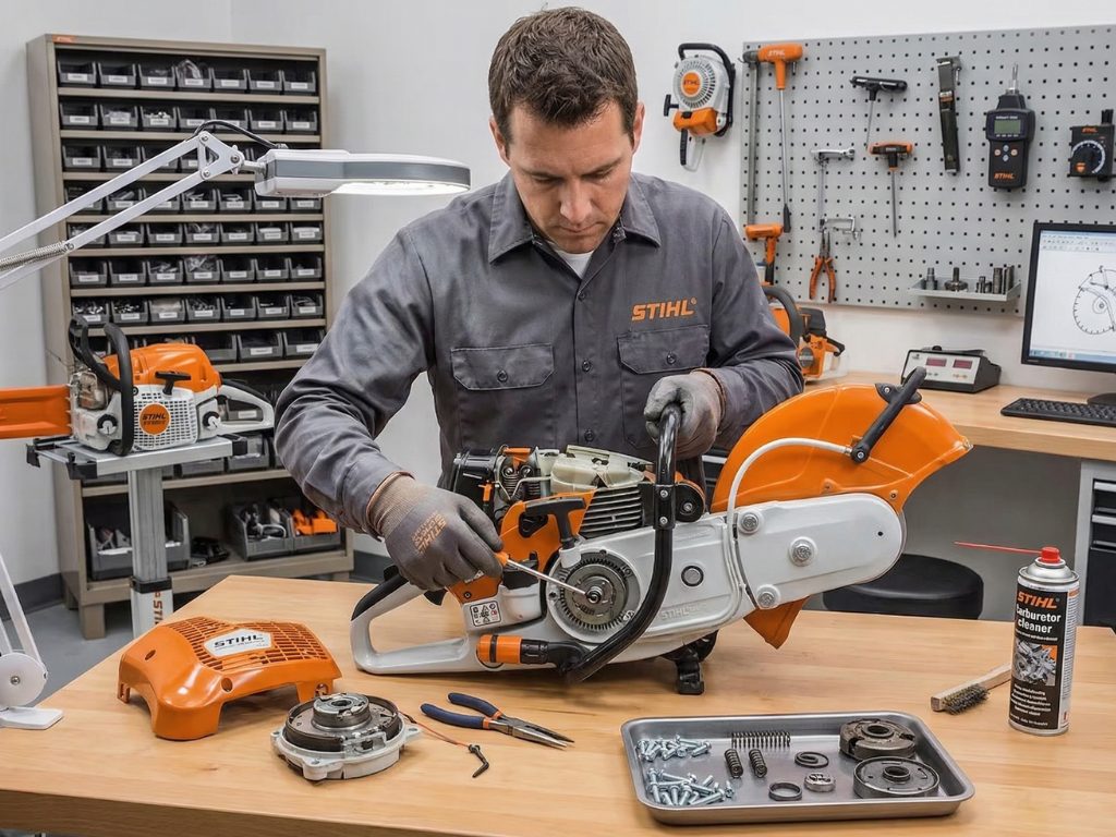 texpro equipment technician repairing a concrete saw in dallas fort worth area