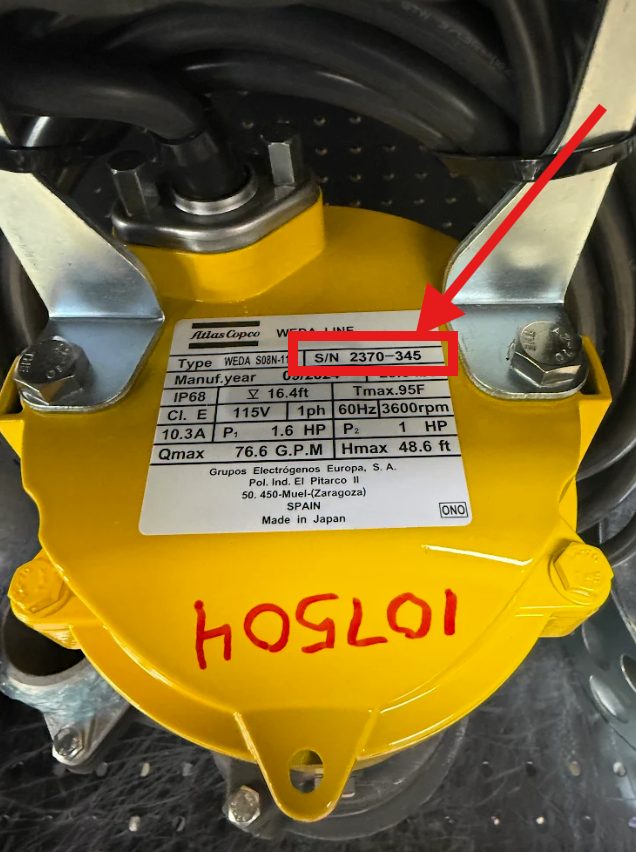where to find the serial number of atlas copco submersible pump WEDA series
