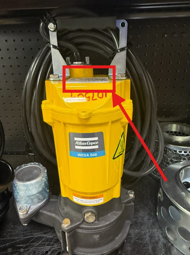location of identification plate on atlas copco submersible pump WEDA series